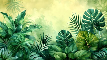 An artistic watercolor pattern of tropical leaves, featuring monstera and palm fronds in varying shades of green, creating a continuous and seamless design, with intricate leaf details and a soft, tex