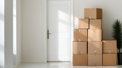 Minimalist interior featuring stacked boxes near a white door, creating a clean and organized space ideal for moving or storage.