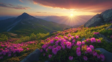 Fototapeta premium Summer sunset beams on Green Valley's blossoms.