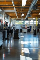 Fototapeta premium Modern Tire Service Center with Various Stations for Inspection, Repair, and Replacement