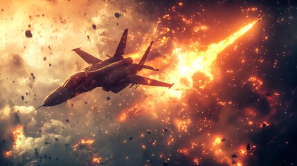 A dramatic scene of a jet flying through an explosive battle, showcasing power and intensity in the sky.