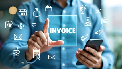 Businessman Interacting with Digital Invoice Interface on Smartphone