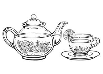 Hand drawn teapot, cup, lemon slices, tea leaves. Vector illustration