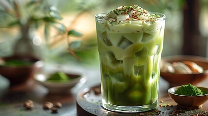 Fototapeta premium Side View of a Refreshing Iced Matcha Latte with Frothy Milk and Ice Cubes