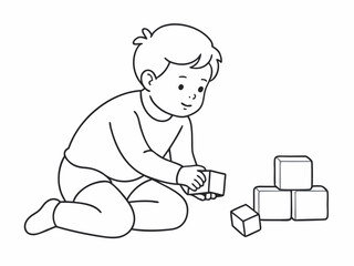 continuous single line drawing of toddler playing with toy blocks, line art vector illustration
