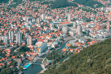 Beautiful city view of Uzice city, Serbia from above, highlighting the European architecture and the vibrant landscape