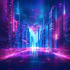 Obraz premium Vector illustration urban architecture, cityscape with space and neon light effect. Modern hi-tech, science, futuristic technology concept. Abstract digital high tech city design for banner background