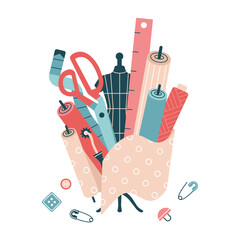 Dummy and tailoring tools in sewing composition. Needlework, handmade, hobby. Fashion or clothes designer concept. Rolls of fabric, mannequin, scissors and bobbins of thread. Vector illustration