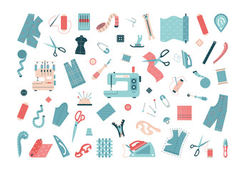 Sewing elements and materials for sewing and needlework. Icons set. Tailoring tools, equipment and accessories. Threads, buttons, needle, scissors, dummy, patterns, sewing machine. Vector illustration