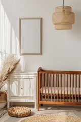 Blank white poster wood frame mockup on a wall, kid’s room, mid century, wooden cot, dresser