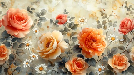 An elegant watercolor pattern showcasing floral bouquets of roses, peonies, and daisies, seamlessly connected with soft, flowing stems and leaves, painted in light, airy pastels with delicate shading 