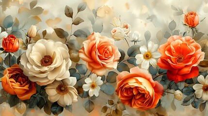 An elegant watercolor pattern showcasing floral bouquets of roses, peonies, and daisies, seamlessly connected with soft, flowing stems and leaves, painted in light, airy pastels with delicate shading 