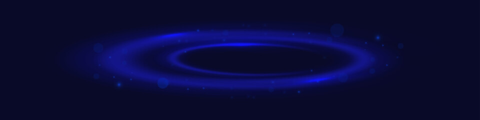 Rounded neon line with light effect. Energy flow tunnel. Blue portal, platform. Night road speed illustration.