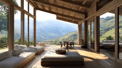 Fototapeta premium Interior of a luxurious wooden chalet opening onto a terrace offering a breathtaking view of a mountain range