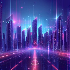 Fototapeta premium Vector illustration urban architecture, cityscape with space and neon light effect. Modern hi-tech, science, futuristic technology concept. Abstract digital high tech city design for banner background