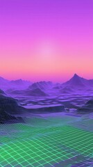 Abstract 3D Purple and Green Gradient Grid Artwork Above Cubes Landscape with Depth Map - Creative Geometric Design Concept