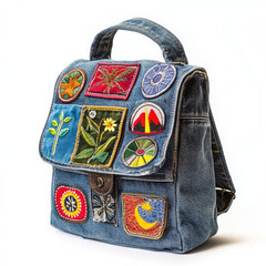 Trendy Backpack in Denim with Colorful Patches and Functional Pockets