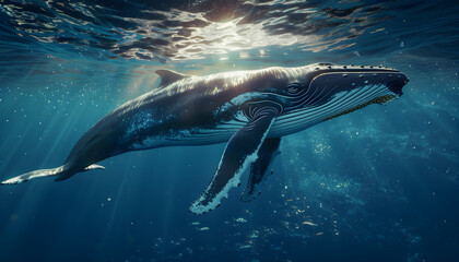 Naklejka premium Majestic Whale in the Ocean. Up View of a Big Whale in the Ocean, with Natural Light and Shadows. Summer Time Serenity: Whale Swimming in the Ocean with Clear Blue Background, Sunlit and Tranquil.