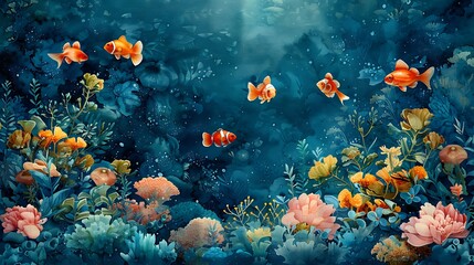 Naklejka premium A beautiful watercolor pattern of marine life, showcasing a variety of fish, seaweed, and coral, seamlessly integrated in a rich blue and green underwater scene, with smooth transitions and intricate 