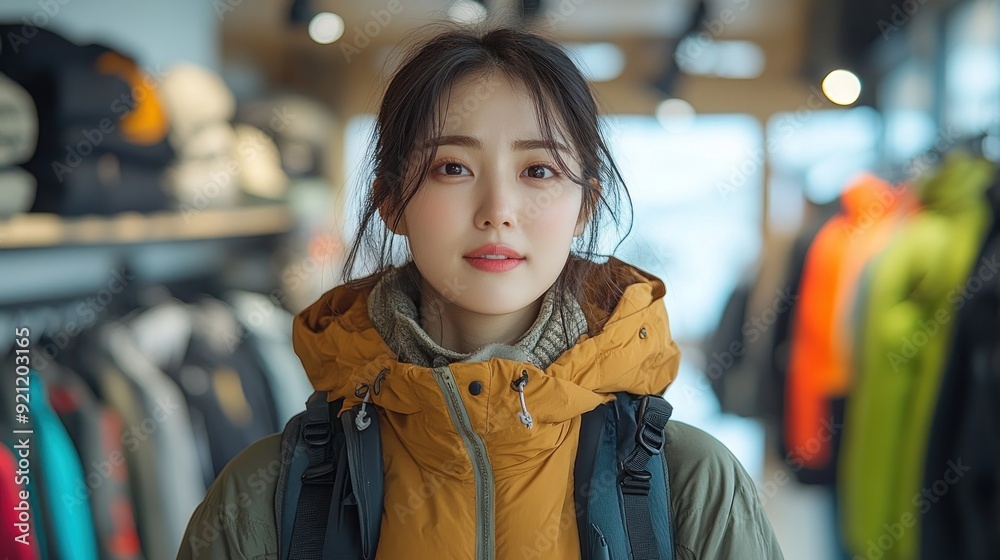 Poster Young Woman in a Store with a Backpack