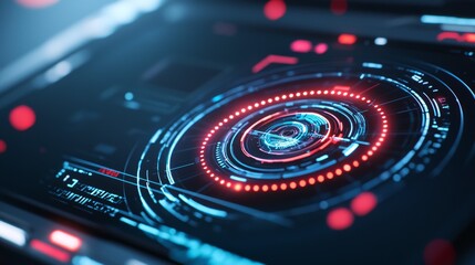 a futuristic computer with red lights
