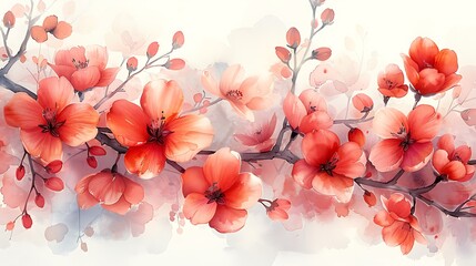 A beautiful watercolor pattern showcasing cherry blossoms and tulips, painted in vibrant hues, seamlessly integrated with smooth transitions and delicate textures, creating a tranquil and blooming spr
