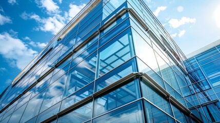 A high-tech office building in progress, with sleek glass panels and modern design elements reflecting the advancements in contemporary architecture.