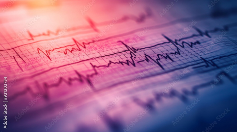 Fototapete A close-up of a paper ECG strip with clear heartbeat patterns and medical annotations, used for diagnosing and monitoring heart conditions in a clinical setting.