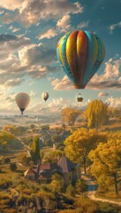 Fototapeta premium Hot Air Balloon Festival Over Picturesque Countryside at Sunset - Perfect for Travel Posters and Wall Art