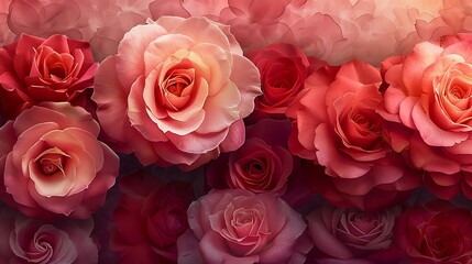 Fototapeta premium A beautiful watercolor pattern showcasing vintage roses in shades of pink and red, painted with intricate detailing and soft gradients, seamlessly integrated in a flowing arrangement, creating a seren