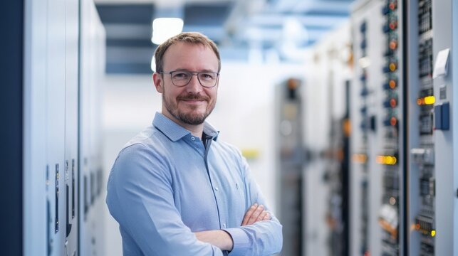 Confident male IT professional with glasses standing in a server room, representing data management and technology expertise