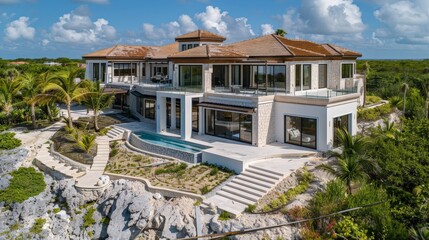 Fototapeta premium A luxury villa under construction, featuring expansive indoor and outdoor living spaces designed for relaxation and entertainment.