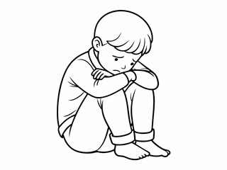 continuous single line drawing of sad or frustrated toddler boy sitting on floor hiding face behind hands, line art vector illustration

