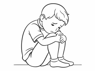 continuous single line drawing of sad or frustrated toddler boy sitting on floor hiding face behind hands, line art vector illustration
