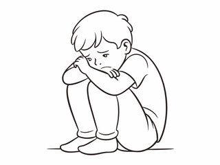 continuous single line drawing of sad or frustrated toddler boy sitting on floor hiding face behind hands, line art vector illustration

