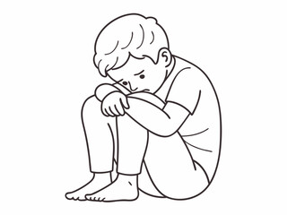 continuous single line drawing of sad or frustrated toddler boy sitting on floor hiding face behind hands, line art vector illustration
