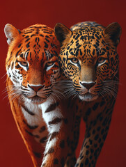 Obraz premium A Panther and a Leopard Walking Side by Side on a Bold Red Background