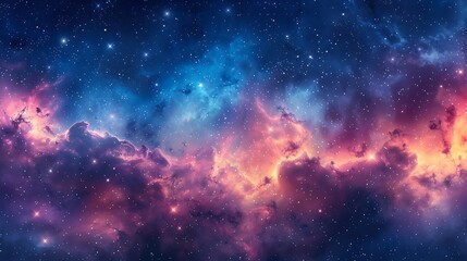 Obraz premium A captivating watercolor pattern of a galaxy, featuring twinkling stars, luminous planets, and swirling nebulas in vibrant blues and purples, arranged seamlessly with soft gradients and delicate textu