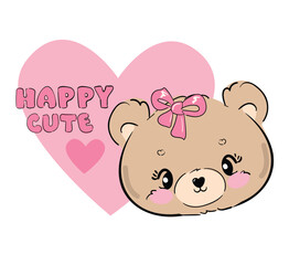 Teddy bear and heart vector hand drawn illustration, cute print design for kids 