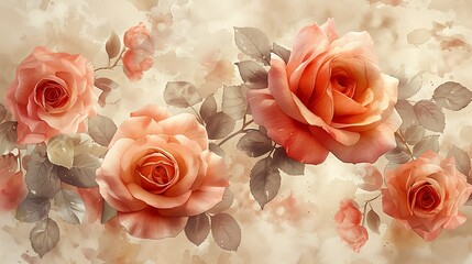 A captivating watercolor pattern of vintage roses, featuring soft pinks and reds with detailed petals and leaves, arranged in a seamless design with gentle gradients and intricate textures, creating a