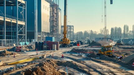 A new factory being built, with large industrial equipment and workers preparing the site for future production.