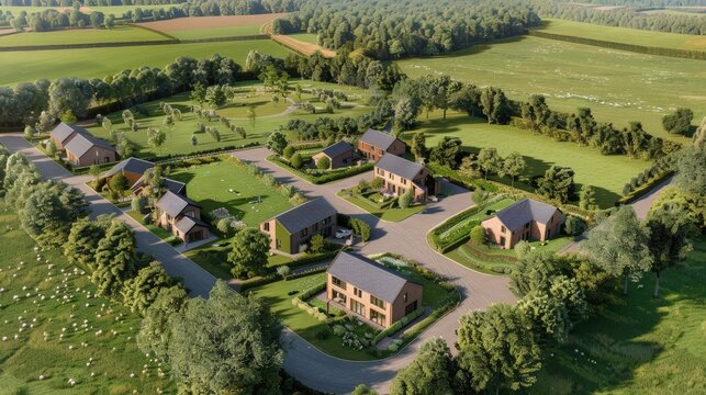 A new home development in a rural area, with each property designed to blend seamlessly with the natural surroundings.