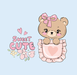 Cute Bear sitting in a pocket vector Sketch, Print Design, children print on t-shirt. Hand Drawn