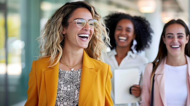 Three happy businesswomen share a laugh together in a modern office setting, capturing a moment of camaraderie and joy against a backdrop of bright, open spaces.