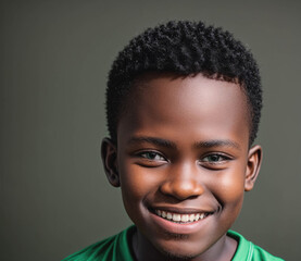 A Kenyan young boy with a green shirt and short hair is smiling