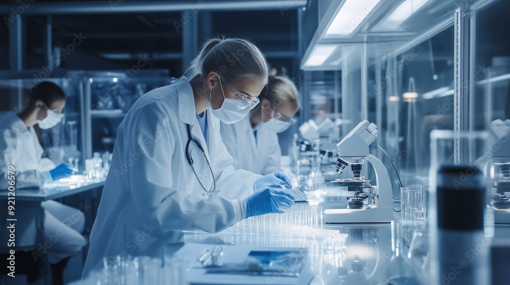 Poster lab technicians conduct experiments with microscopes and samples during a research session at a scie