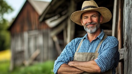 Fototapeta premium The Seasoned Farmer's Pride: A portrait of a rugged, weathered farmer in his element