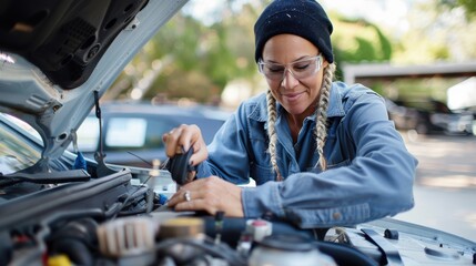 A mechanic wearing a beanie and glasses is intensely focused while working under the car hood outdoors, highlighting dedication, precision, and technical expertise in vehicle maintenance.