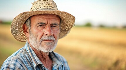 Fototapeta premium The Wisdom of the Harvest: A weathered farmer gazes with quiet dignity amidst the golden fields, a testament to a life lived in harmony with nature. 