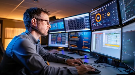 Security Analyst Configuring Cloud Storage on Multiple Monitors in High-Tech Control Room